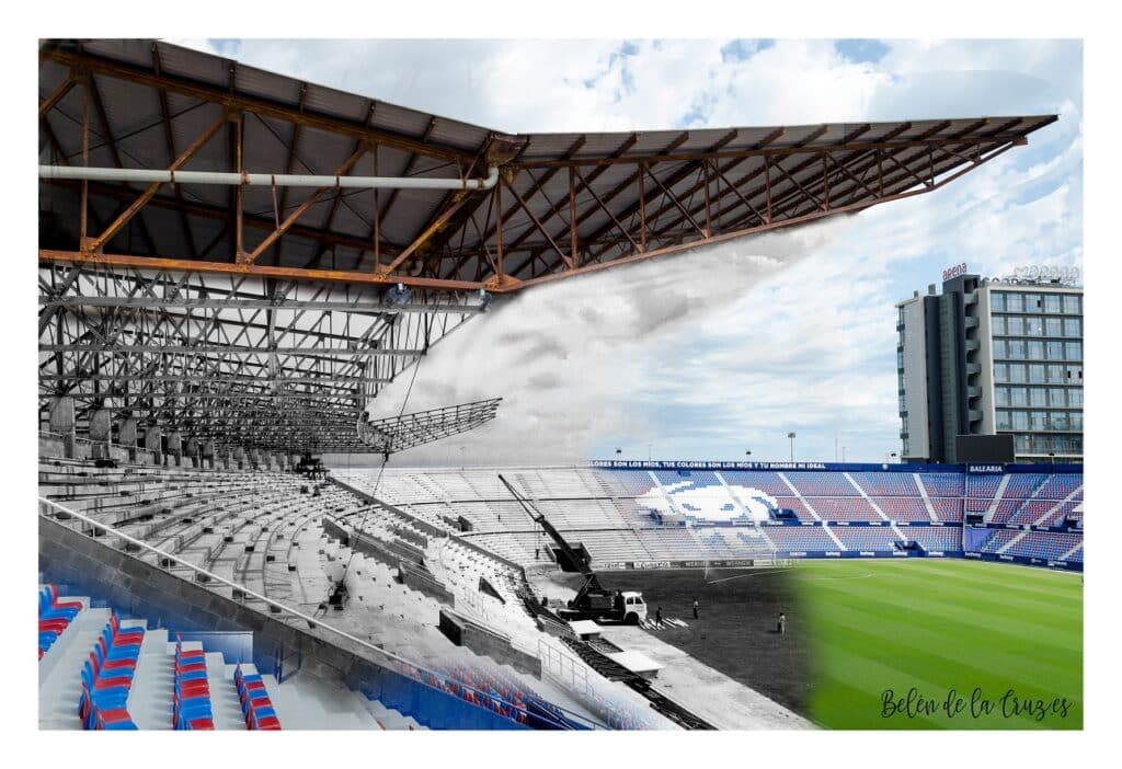 Una imagen parcialmente en blanco y negro y parcialmente en color muestra un estadio de fútbol en construcción a la izquierda y terminado a la derecha.