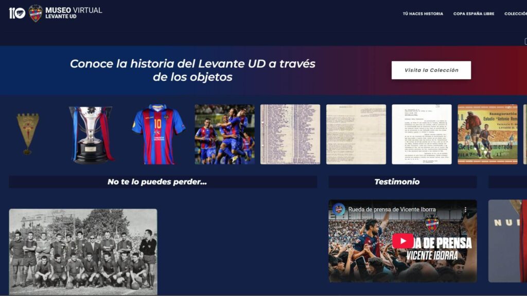 Captura de pantalla de la página web del Museo Virtual del Levante UD, que muestra recuerdos futbolísticos, documentos históricos y opciones de navegación para explorar la historia del club.
