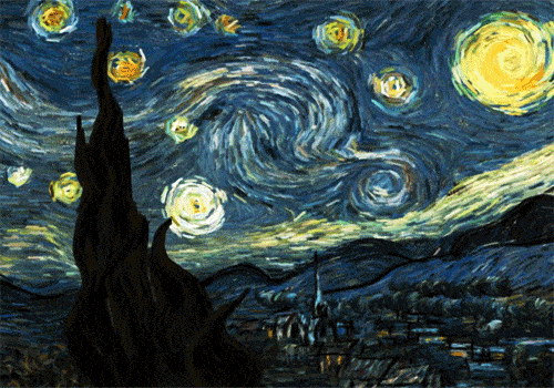 Versión animada de "La noche estrellada" de Van Gogh, que muestra estrellas arremolinadas, una luna creciente y un pueblo debajo, con pinceladas en movimiento en el cielo nocturno.