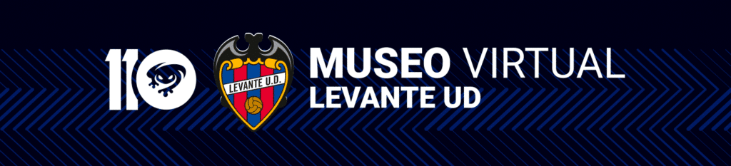 Pancarta con el logotipo del Levante UD, el símbolo del 110 aniversario y el texto "Museo Virtual Levante UD" sobre fondo oscuro con rayas diagonales azules.