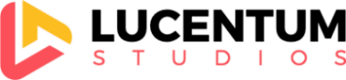 Logotipo de Lucentum Studios con una "L" estilizada en amarillo y rosa, y el nombre de la empresa en negrita negra y naranja a la derecha.