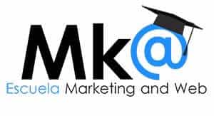 Logotipo para "Escuela Marketing and Web" con el texto "Mk@" y el símbolo "@" con un birrete de graduación. La palabra "Escuela" aparece en azul claro.