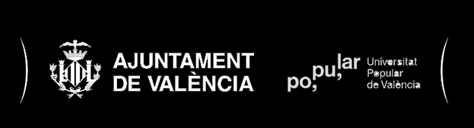 Logotipos y texto en blanco de "Ajuntament de València" y "Universitat Popular de València" sobre fondo negro, con "popular" estilizado en tipografía partida.