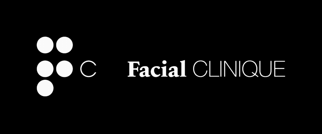 Logotipo de "Facial Clinique" con cinco círculos blancos dispuestos en forma de "C" seguidos de las palabras "Facial Clinique" sobre fondo negro.