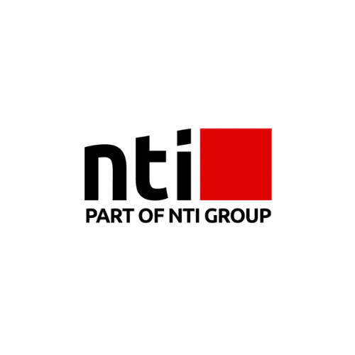 El logotipo incluye el texto "nti" en minúsculas negras, seguido de un cuadrado rojo sólido, con "PART OF NTI GROUP" escrito debajo en mayúsculas negras.