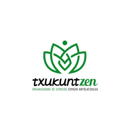 Logotipo verde y negro con un estilizado diseño floral sobre el texto "txukuntzen". Debajo pone "Organizadora de espacios" y "Espazio antolatzailea.