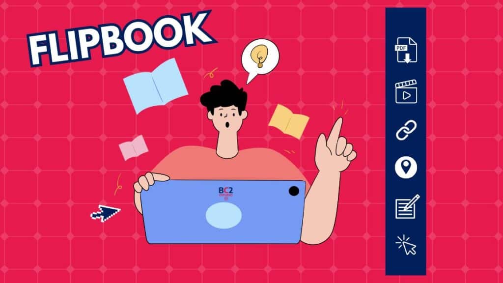 Persona de dibujos animados que sostiene una tableta con libros flotantes, iconos de PDF, vídeo, enlace, ubicación, notas y acciones de clic sobre un fondo rojo estampado. El texto "FLIPBOOK" aparece en negrita.