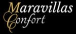 Logotipo con las palabras "Maravillas Confort" en texto estilizado dorado y blanco sobre fondo negro.
