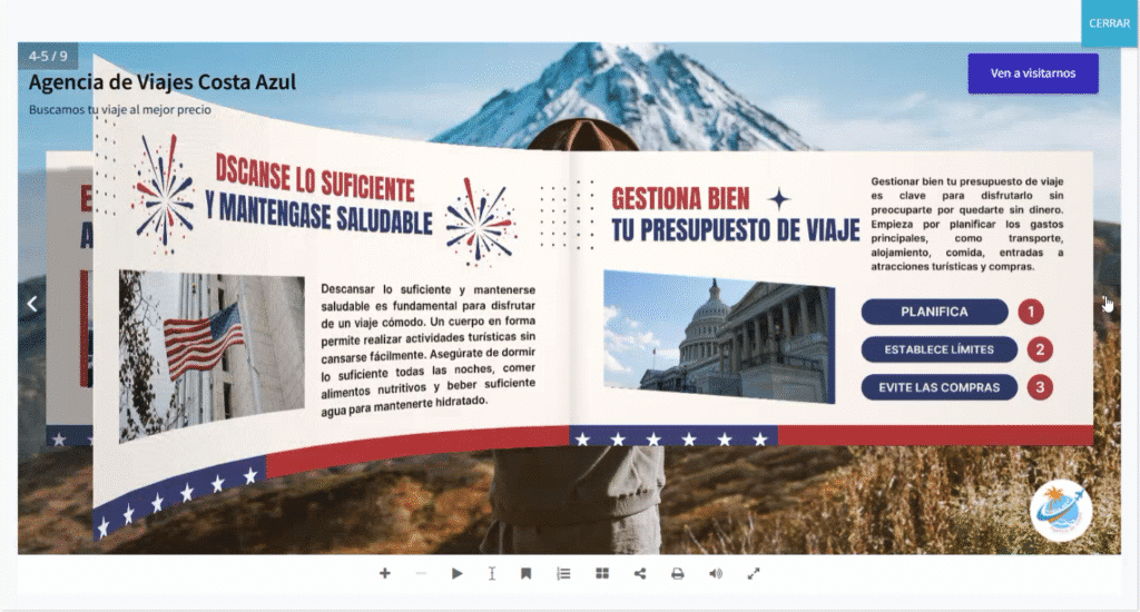 Un flipbook interactivo que ofrece una guía de viajes con valiosos consejos sobre salud y gestión del presupuesto para tus aventuras.
