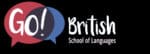 Logotipo de "Go! British School of Languages" con bocadillos rojos y azules superpuestos y texto blanco sobre fondo negro.